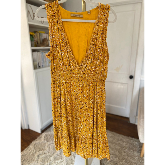 Shyanne Mustard Ditsy Floral Mini Dress Cottagecore Prairie Boho Romantic Garden - Picture 2 of 6